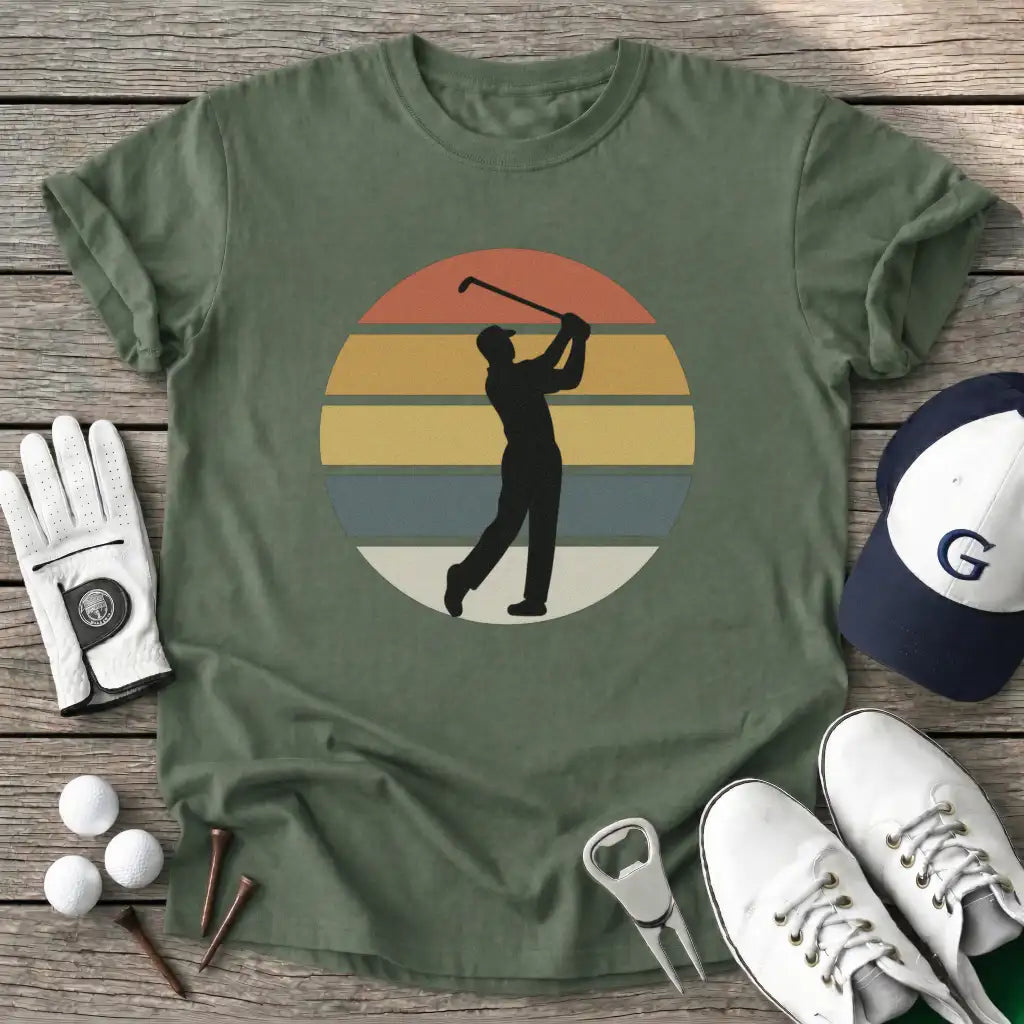 Sunset Retro Golfer T-Shirt in Military Green