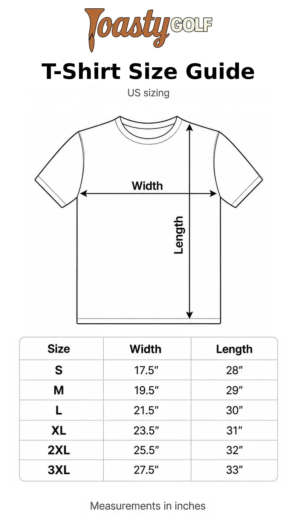 Toasty Golf size guide with shirt width and length measurements in inches for sizes S through 3XL